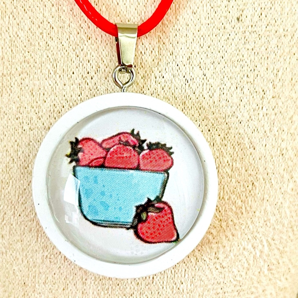 Vintage pyrex turquoise fridgie with strawberries Pendant Necklace with Red Cord